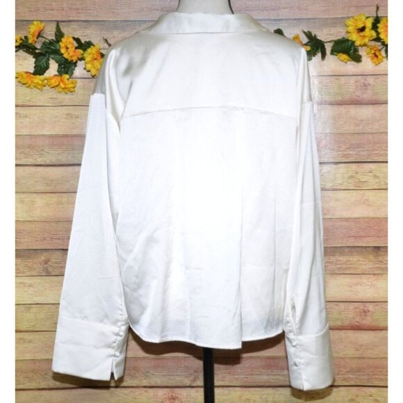 Sanctuary Ivory Button Front Collared Silky Blouse Top Size L V-Neck Career - Picture 9 of 12